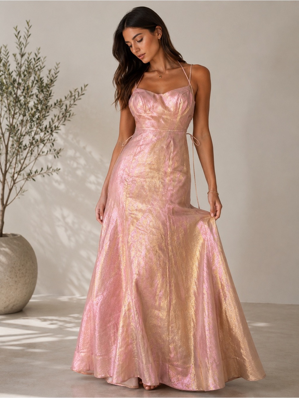 Camilla Iridescent Pink and Gold Slip Maxi Dress - Picture 3 of 6